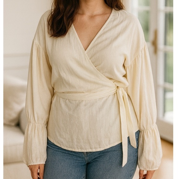 ELOQUII Elements NWT Cream Puff Sleeve Wrap Top 18 Linen Blend Blouse Beige - Picture 1 of 8